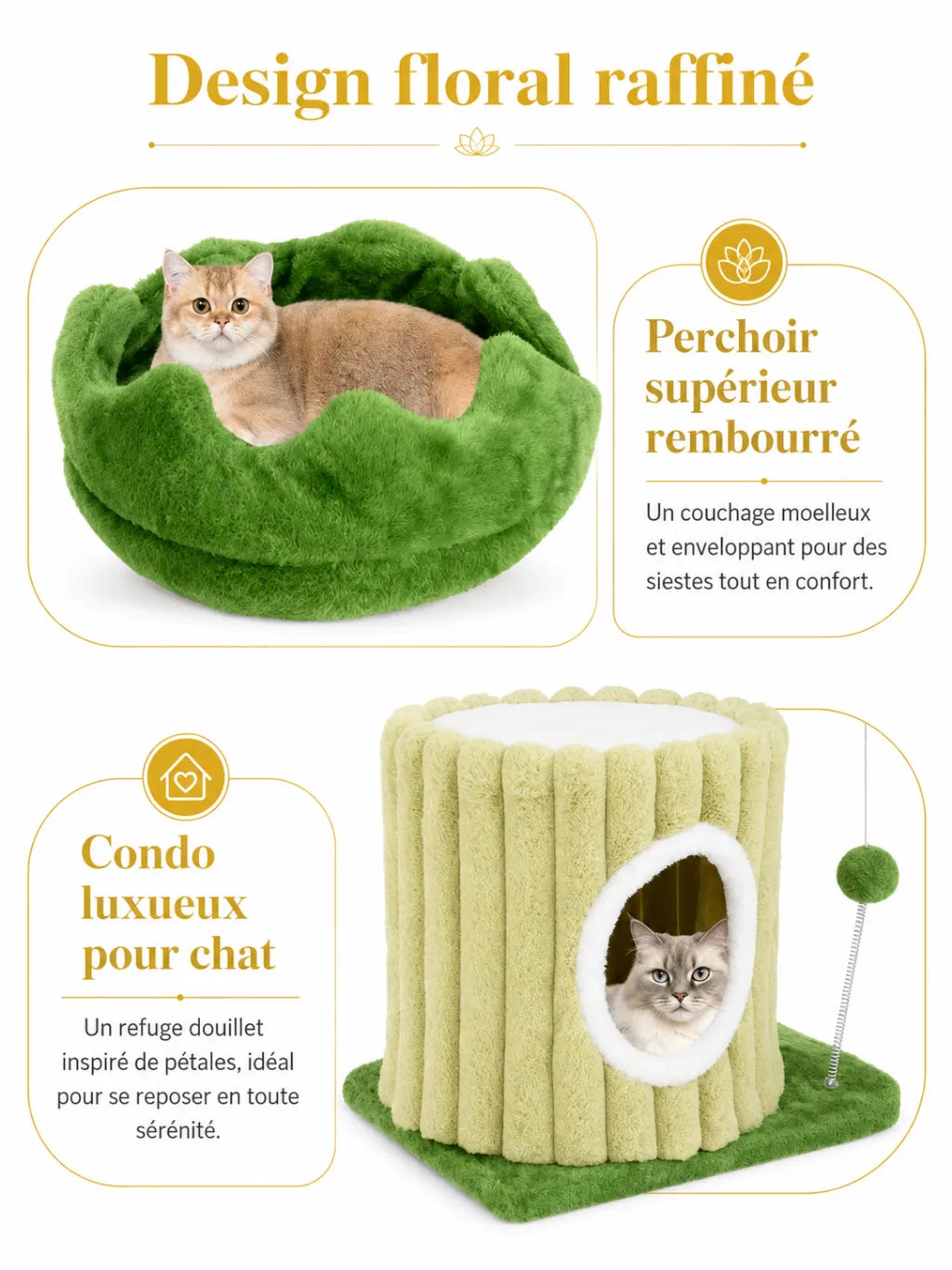Perchoir rembourré du petit arbre à chat Viridia avec design floral vert