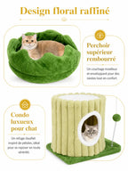 Perchoir rembourré du petit arbre à chat Viridia avec design floral vert