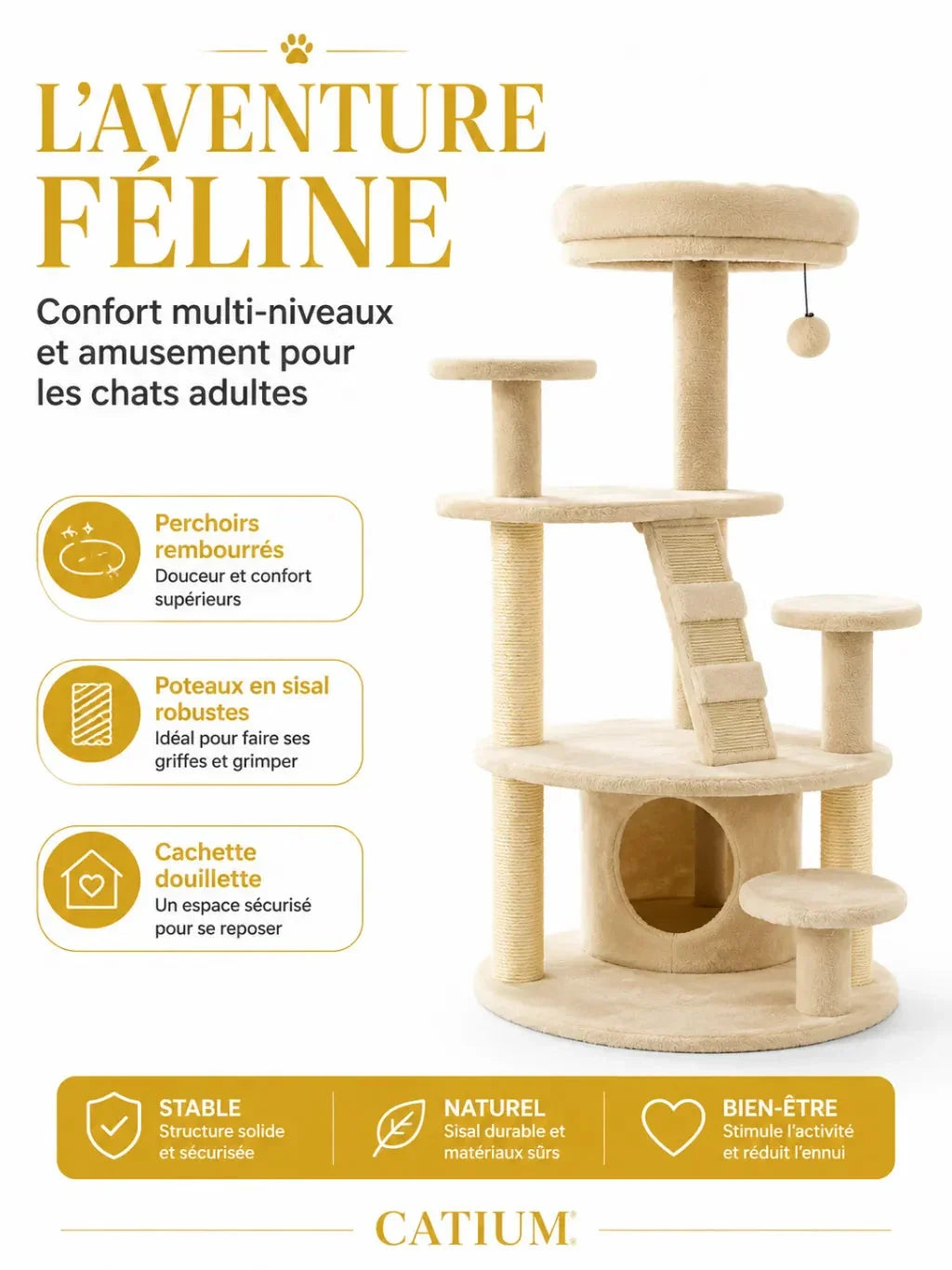 Aventure féline Velouna avec perchoirs poteaux en sisal et cachette