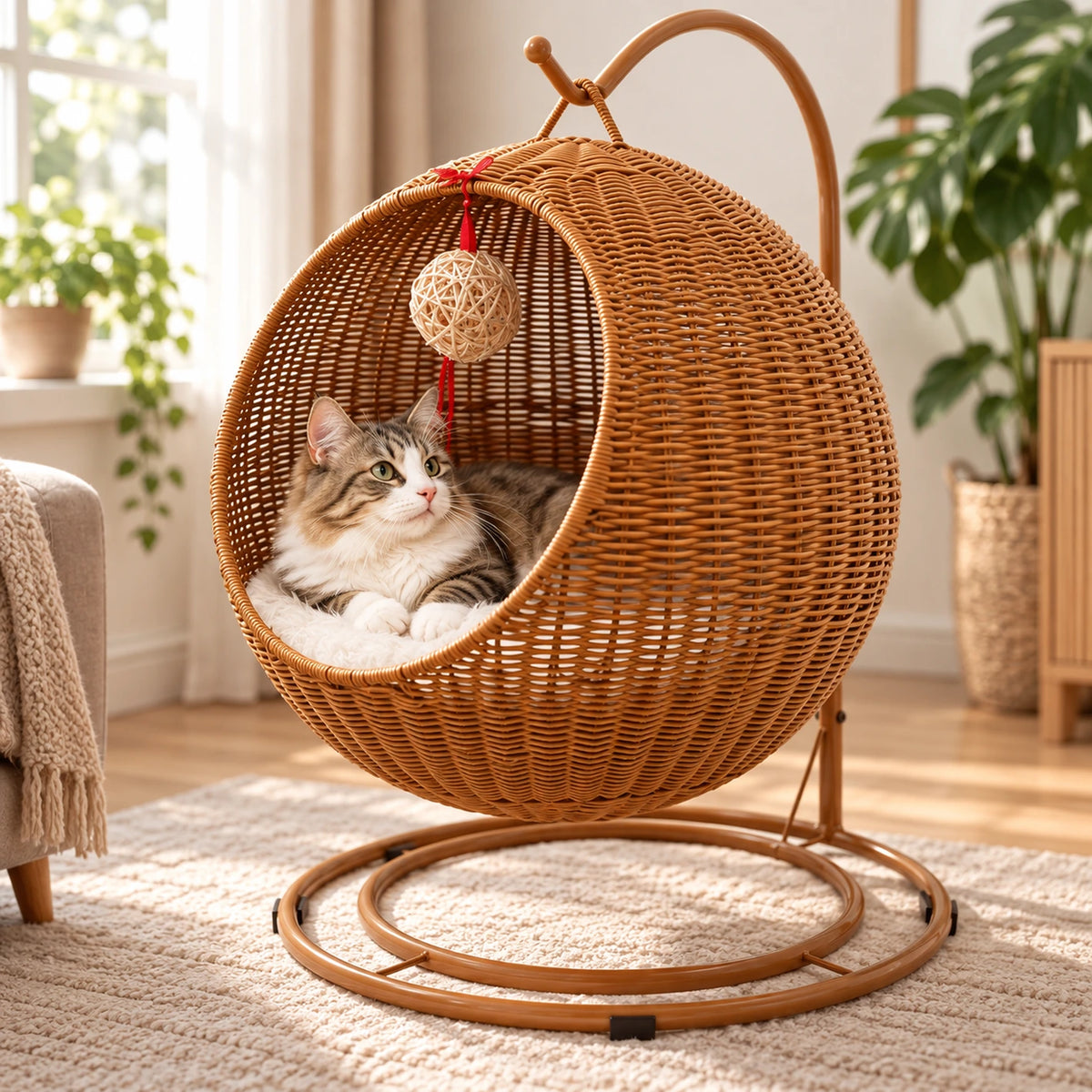 Chat installé dans le couchage enveloppant de la balançoire Solévia