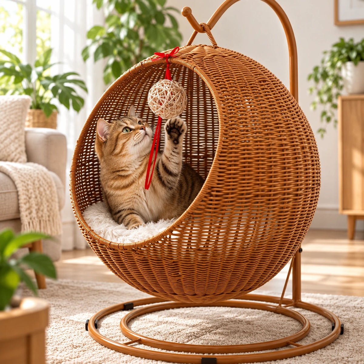 Chat jouant avec la balle suspendue de la balançoire brun doré Solévia