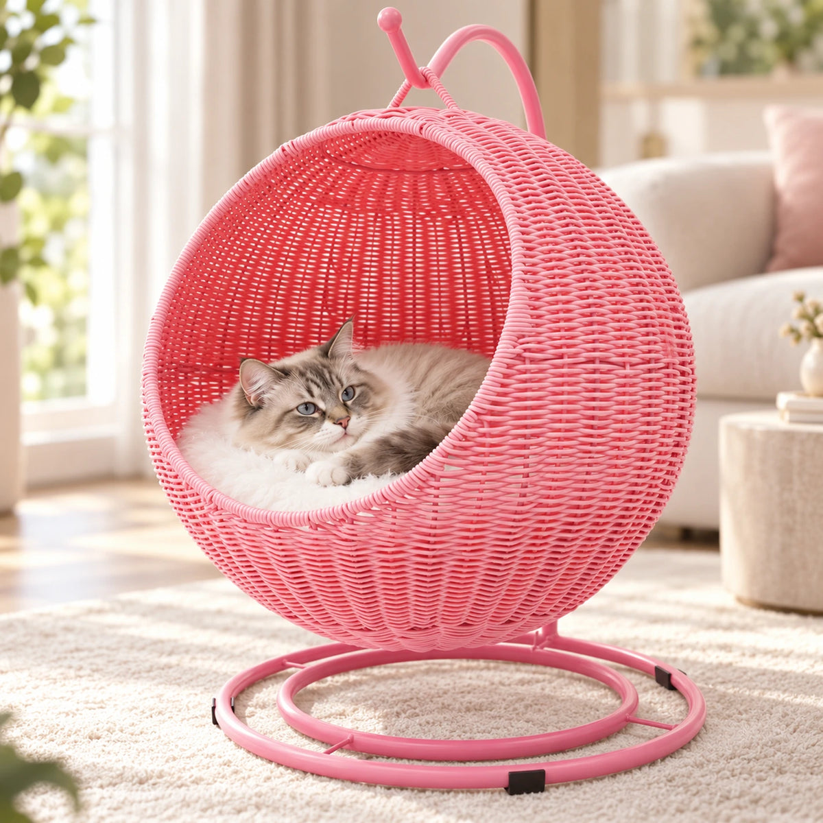 Chat installé dans le couchage enveloppant de la balançoire rose Rosavèra