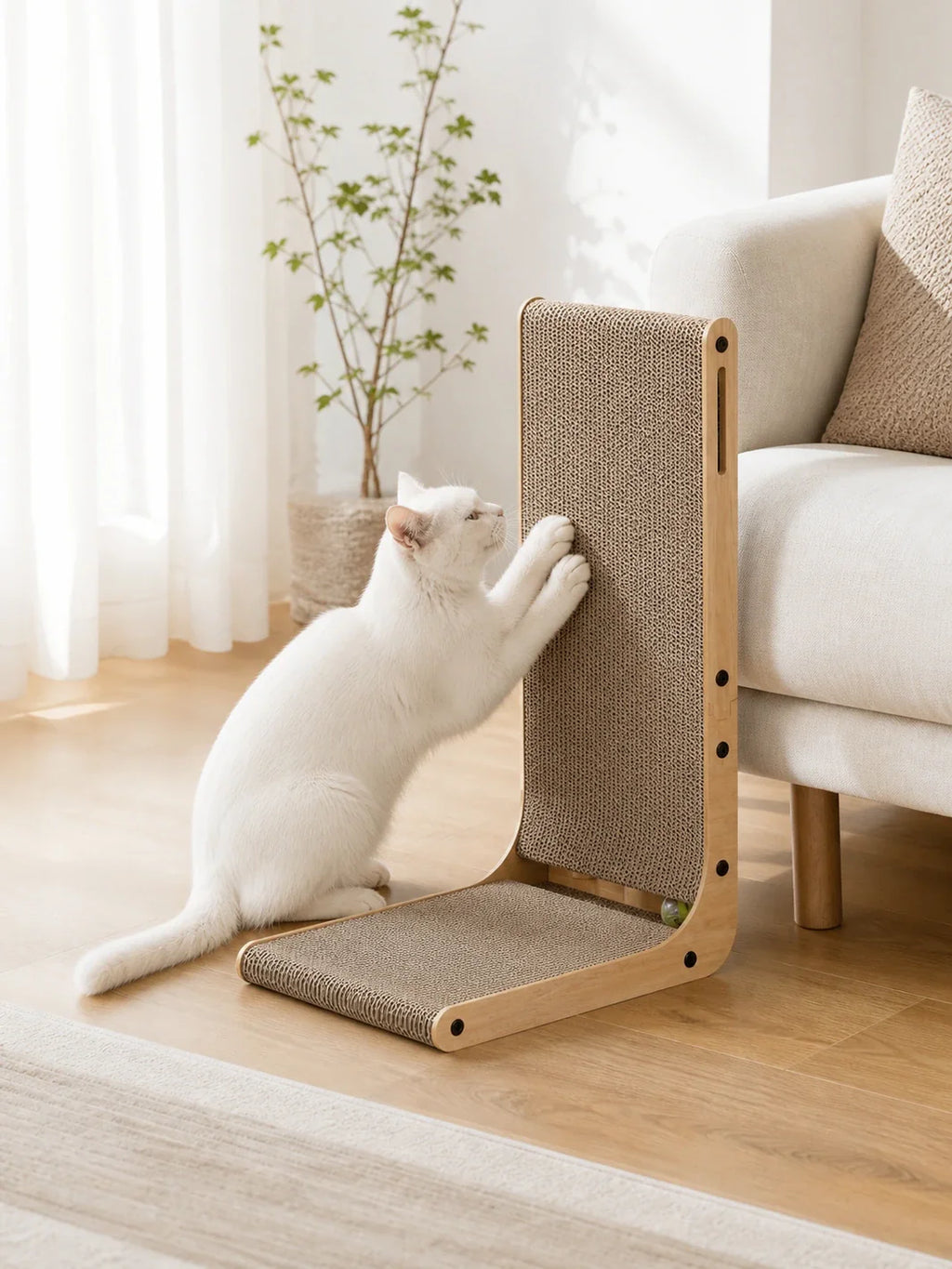 Chat utilisant le griffoir chat carton Cartelia en L dans un salon