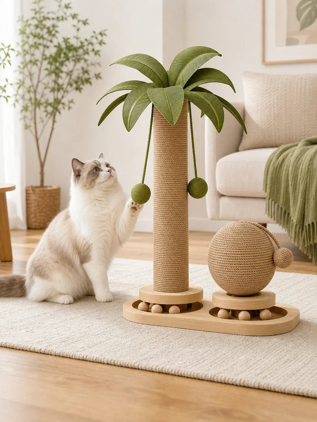 Chat jouant avec le griffoir cocotier Cocopalm dans un salon
