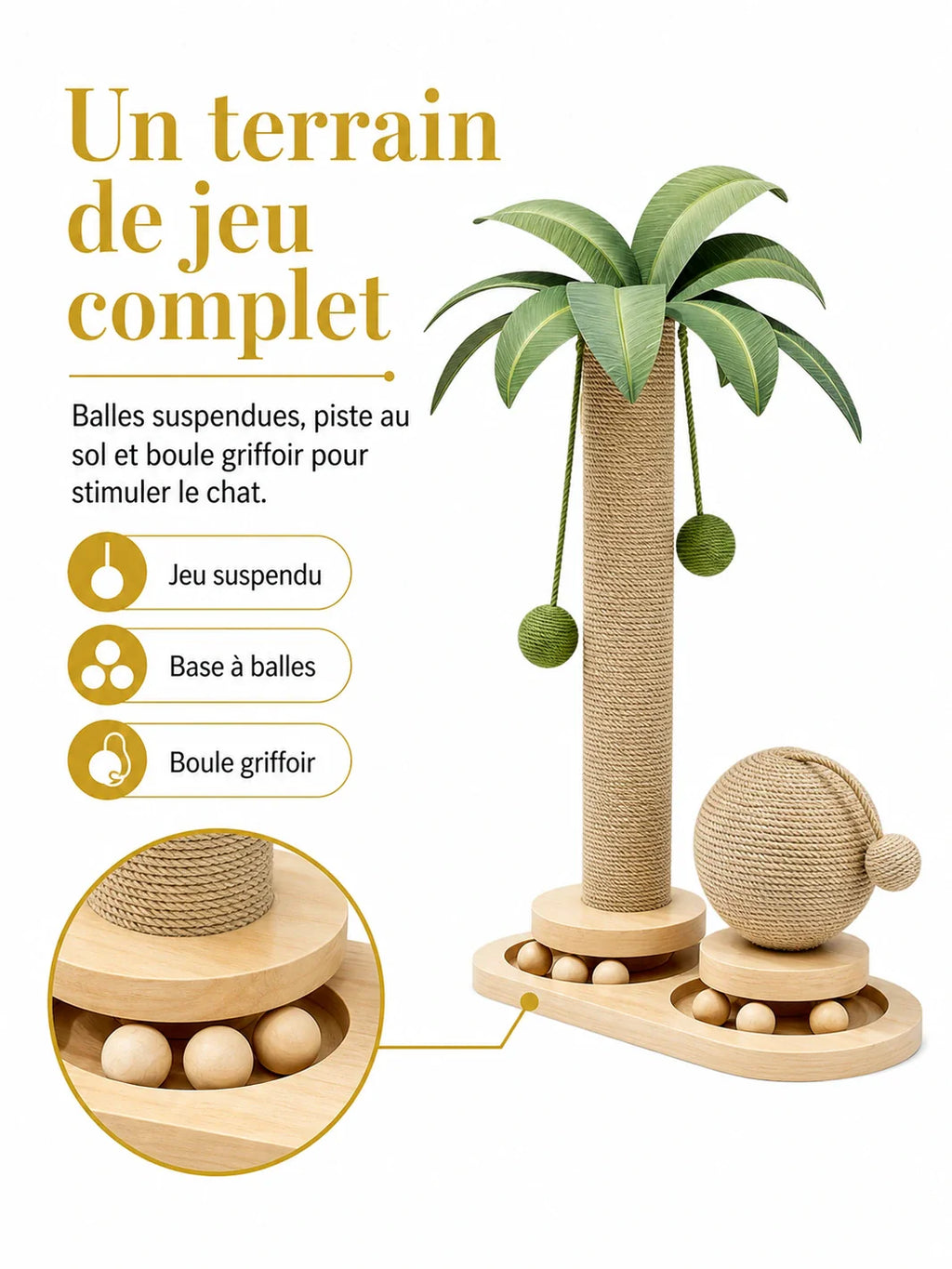 Griffoir chat Cocopalm avec balles suspendues base à balles et boule griffoir