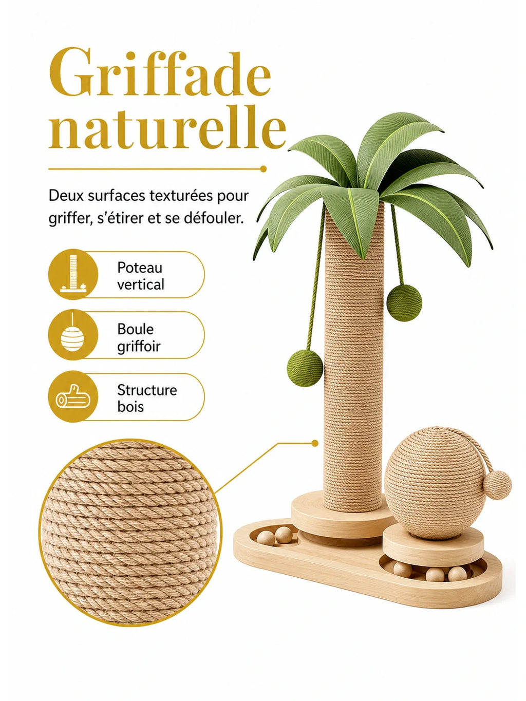 Griffoir chat Cocopalm avec poteau vertical et boule griffoir pour griffade naturelle
