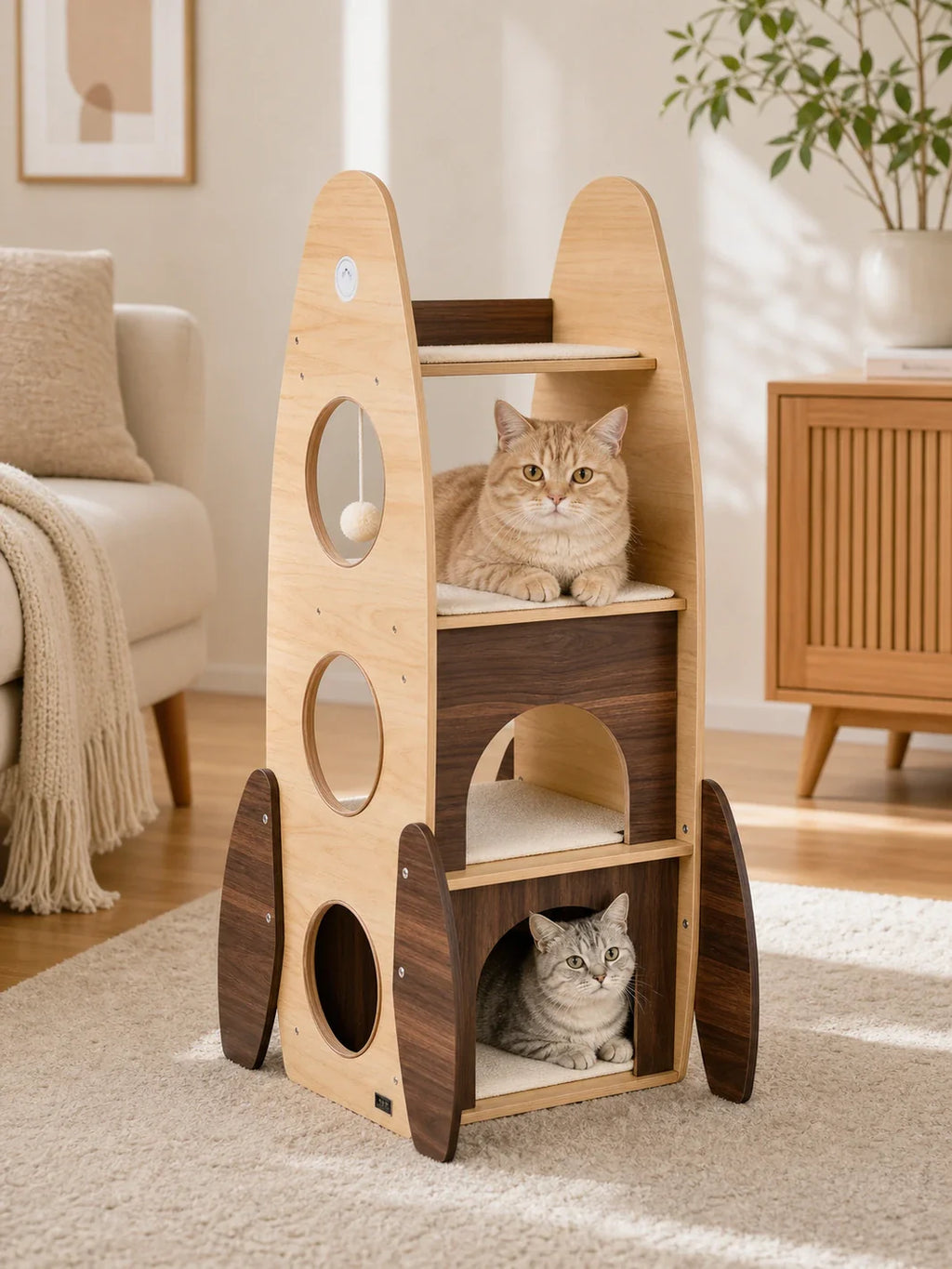 Chats utilisant l’arbre à chat fusée en bois naturel Cosmalia dans un salon