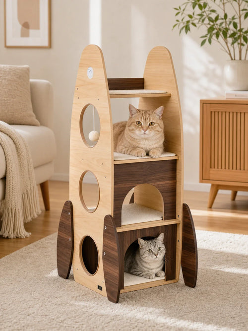 Chats utilisant l’arbre à chat fusée en bois naturel Cosmalia dans un salon