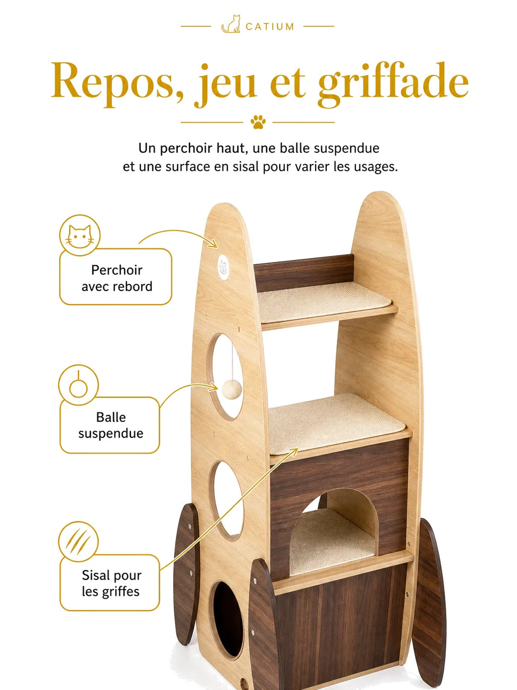 Arbre à chat Cosmalia avec perchoir haut balle suspendue et surface en sisal