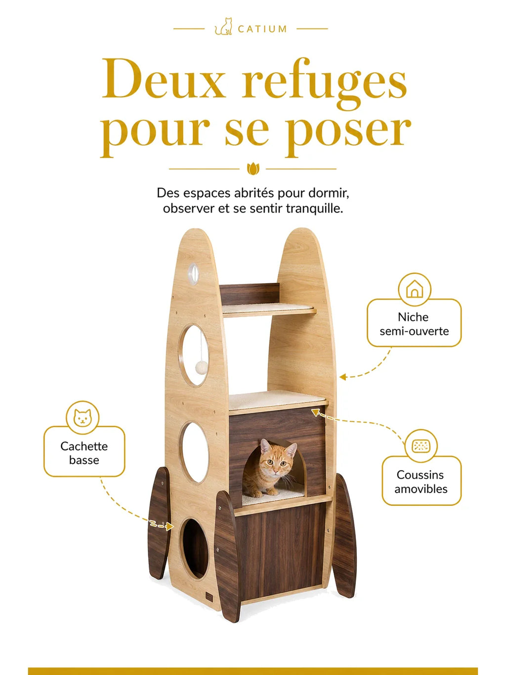 Arbre à chat bois naturel Cosmalia avec niches et cachettes pour chat d’intérieur