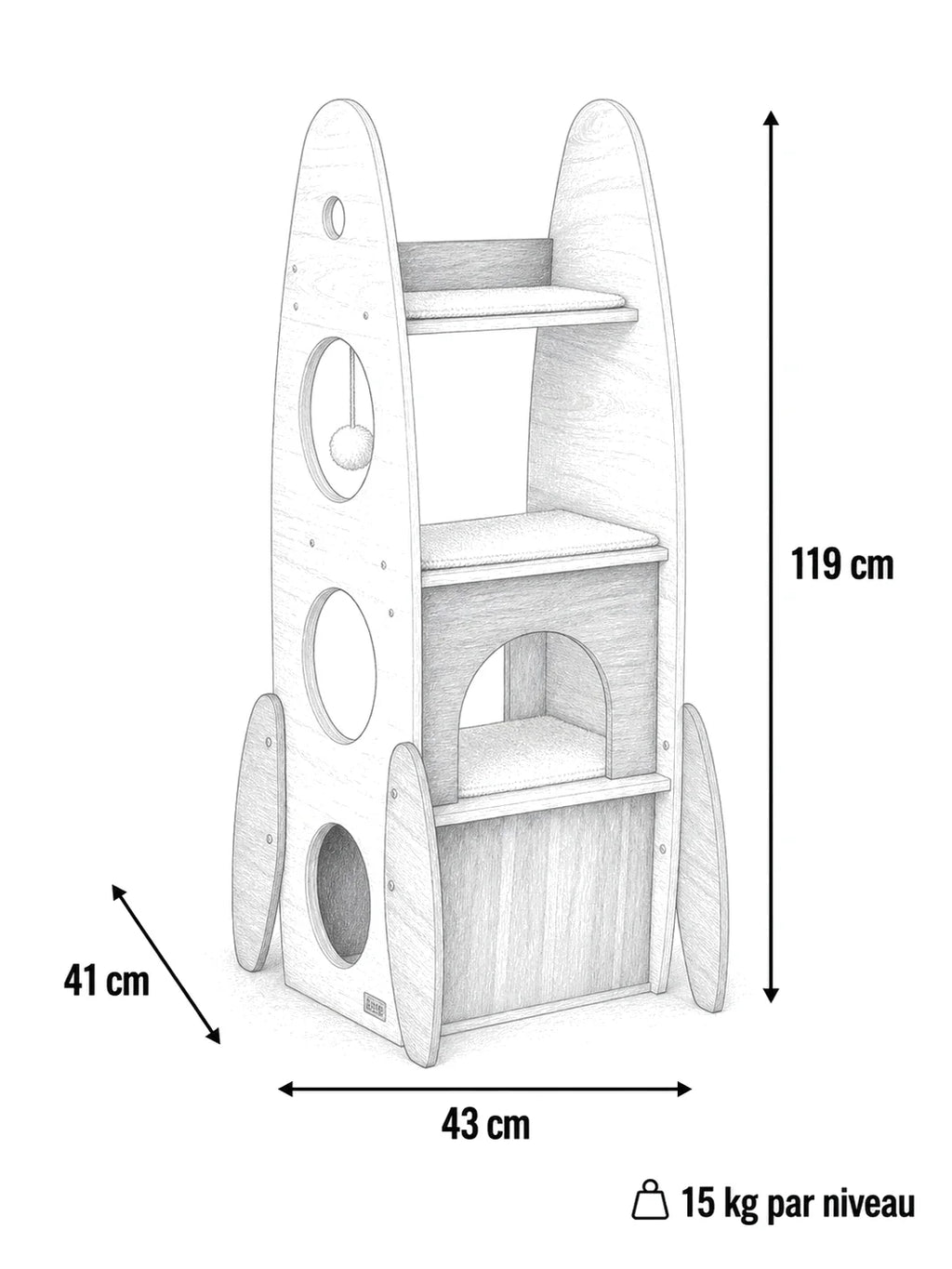 Dimensions arbre à chat fusée Cosmalia 119 cm hauteur 43 cm largeur 41 cm profondeur