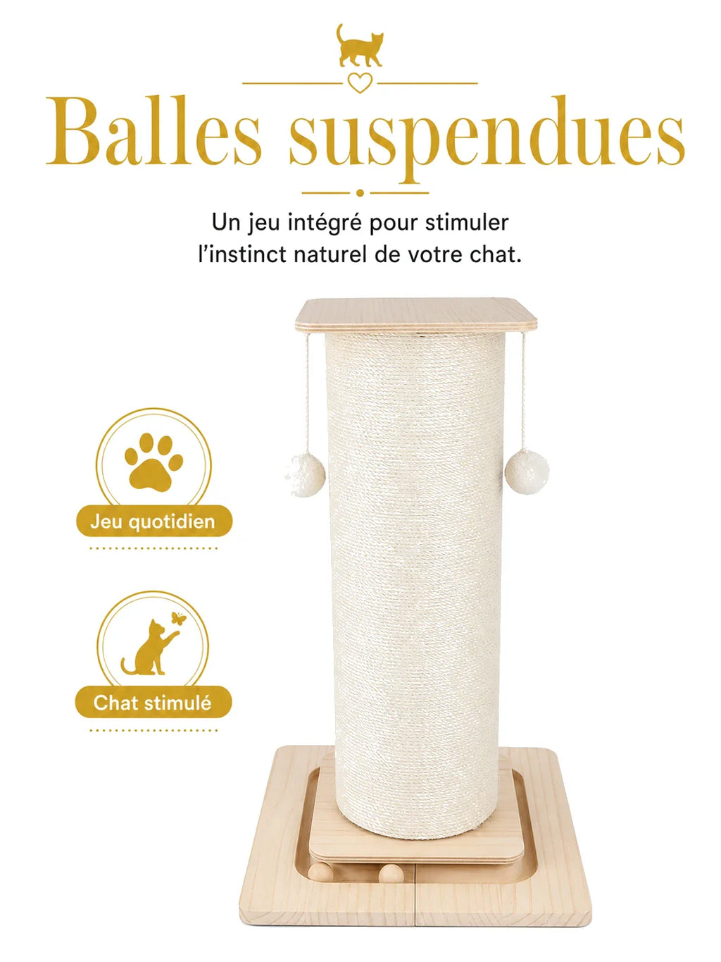 Griffoir pour chat CATIUM avec balles suspendues et surface en sisal pour stimuler l instinct de jeu au quotidien