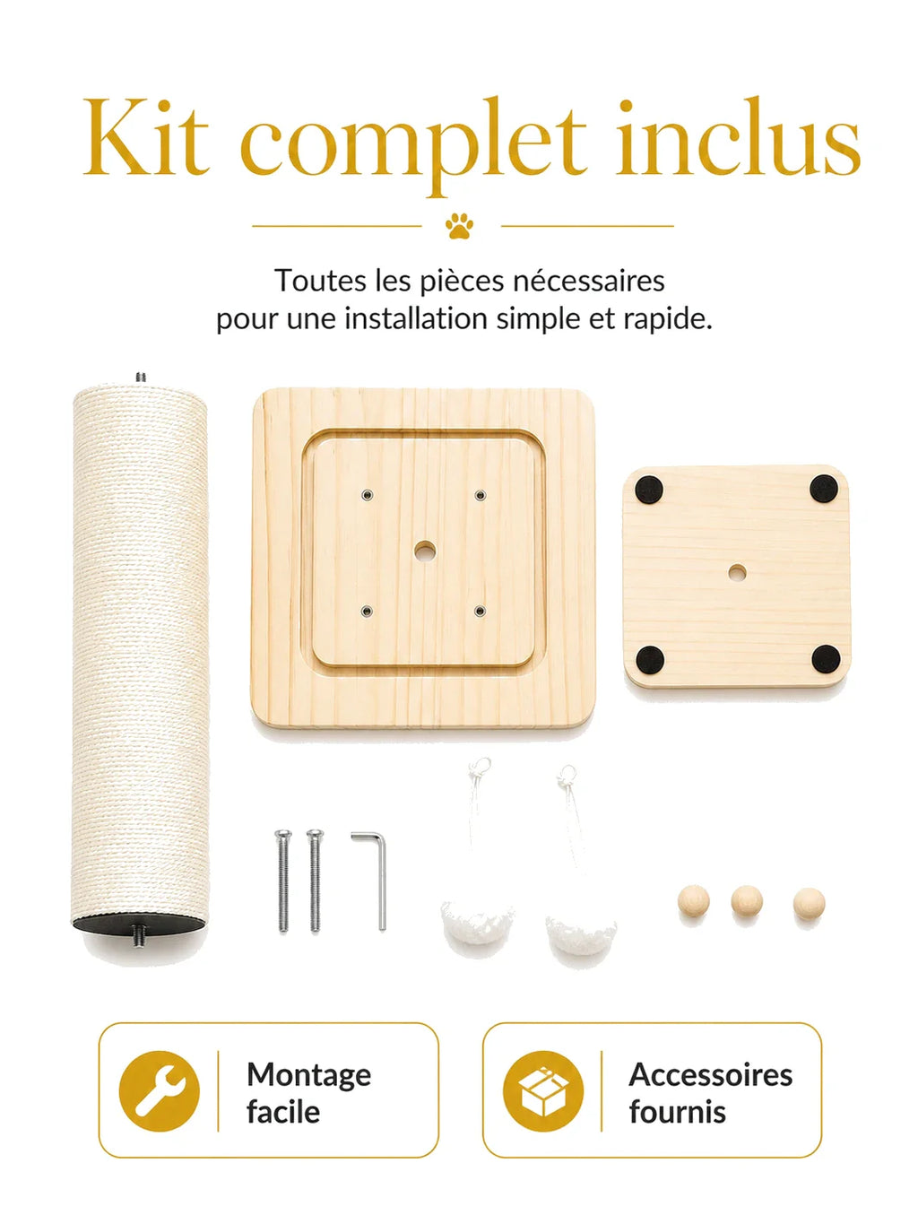 Kit complet pour griffoir chat CATIUM avec poteau en sisal base en bois balles suspendues et accessoires de montage