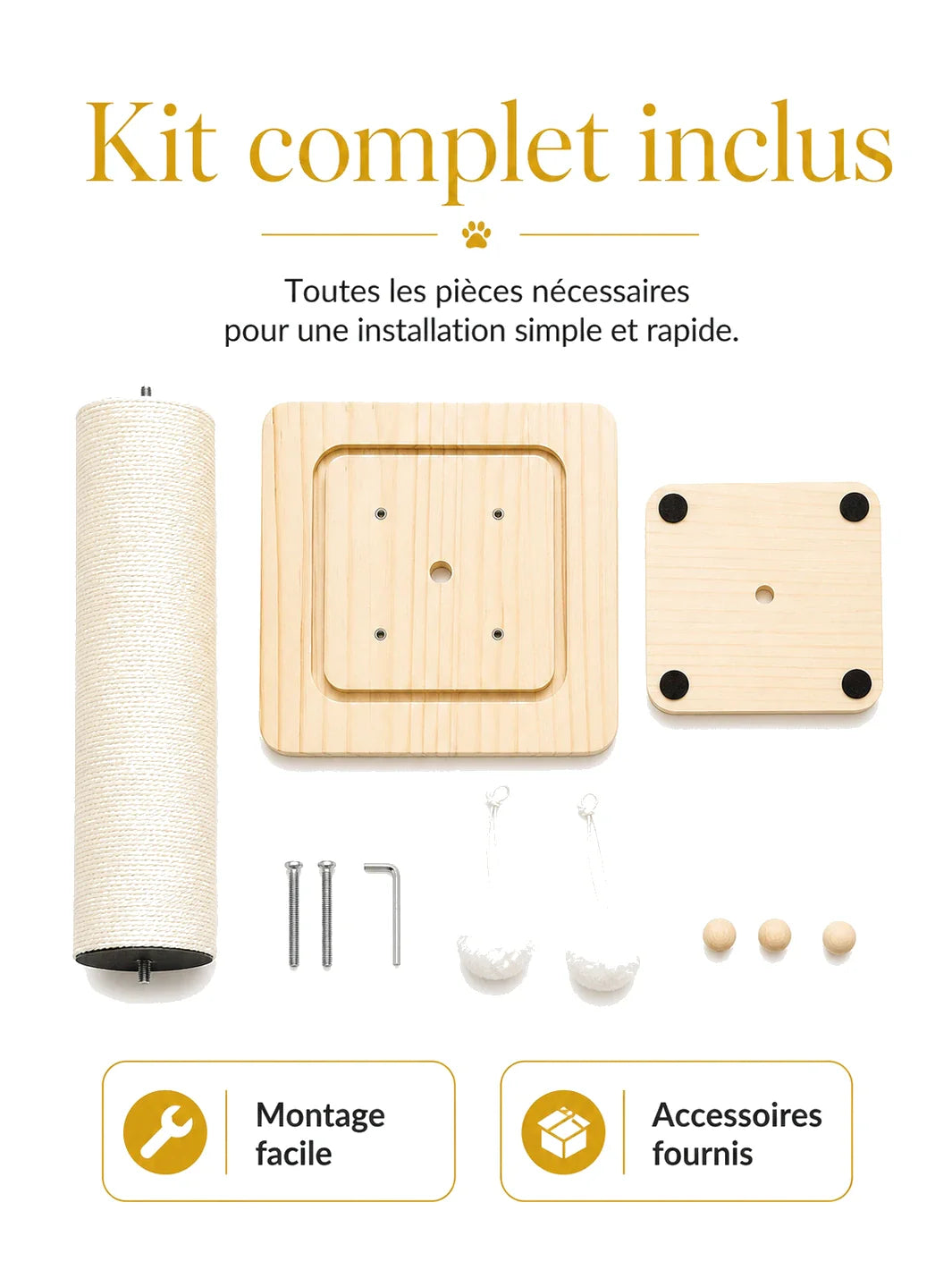 Kit complet pour griffoir chat CATIUM avec poteau en sisal base en bois balles suspendues et accessoires de montage