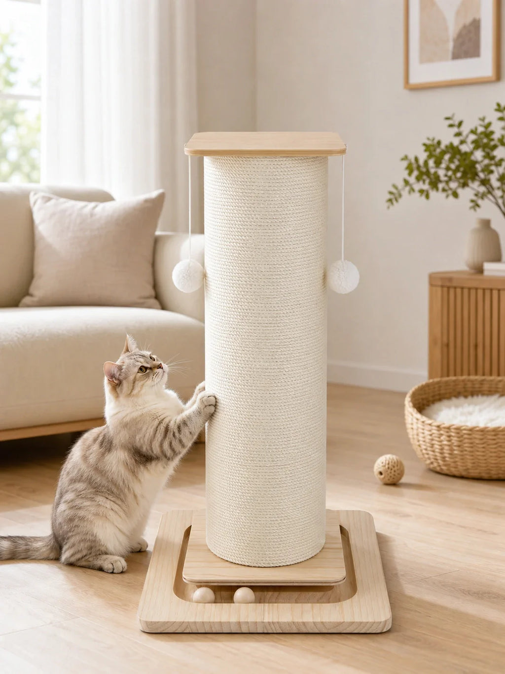 Griffoir pour chat CATIUM en sisal naturel avec base en bois mis en scene dans un interieur lumineux avec chat