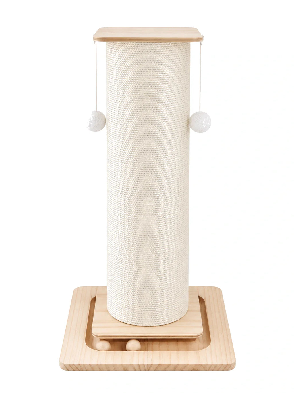 Griffoir pour chat CATIUM en sisal naturel avec base en bois et balles suspendues sur fond blanc