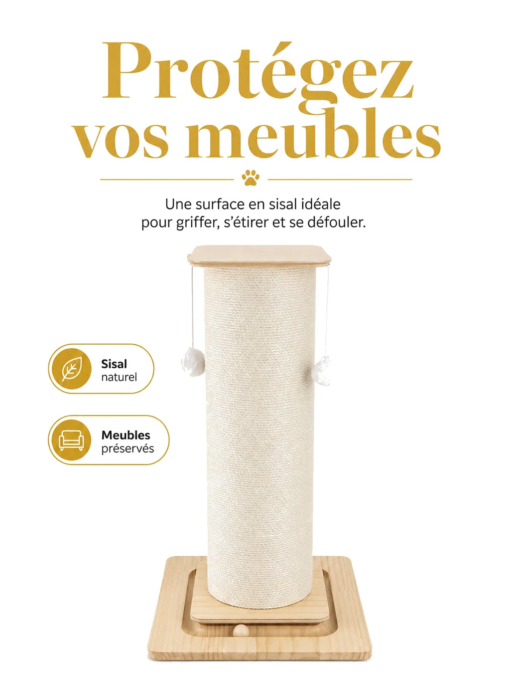 Griffoir pour chat CATIUM en sisal naturel avec base en bois pour aider a proteger les meubles des griffures