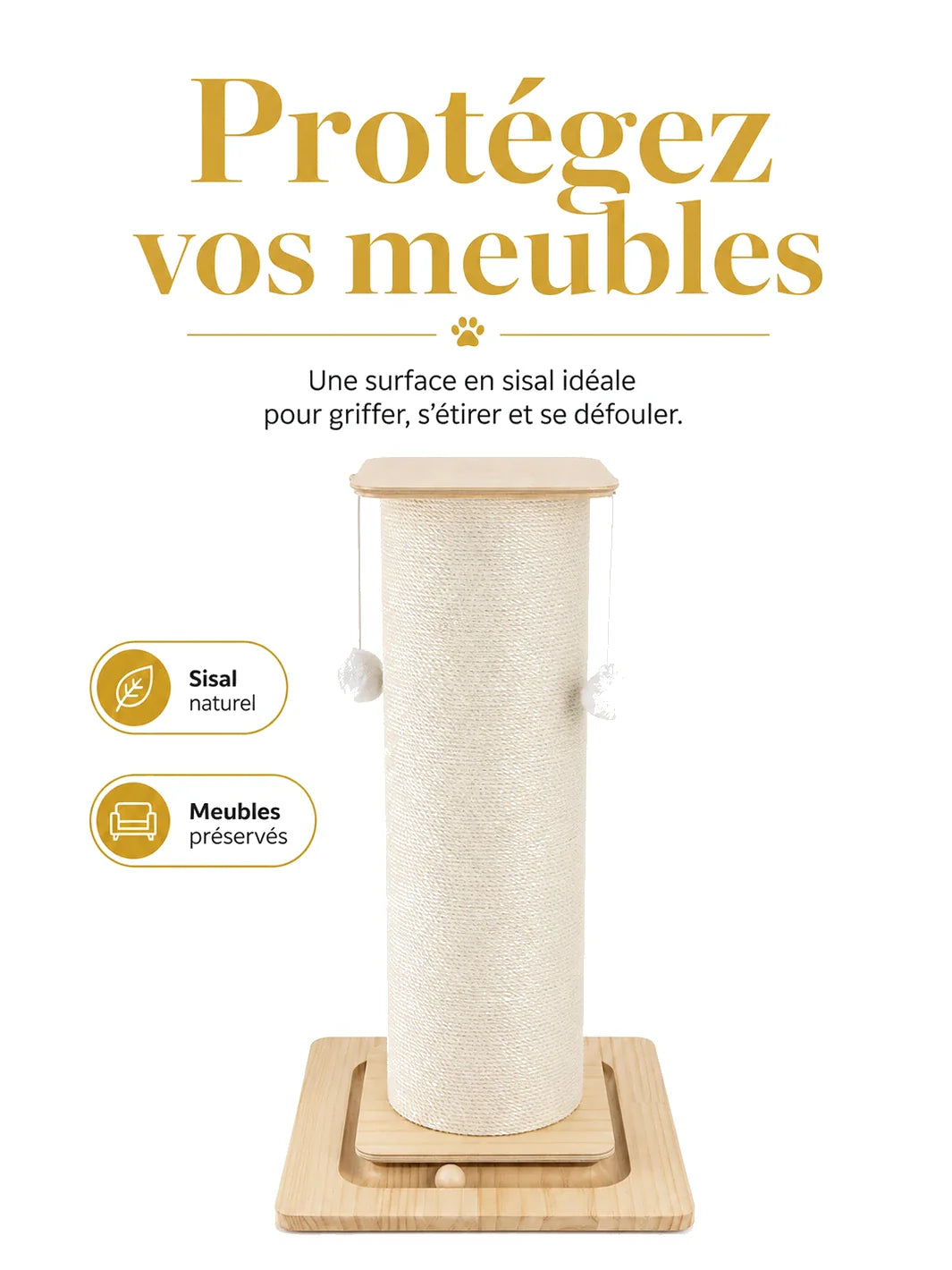 Griffoir pour chat CATIUM en sisal naturel avec base en bois pour aider a proteger les meubles des griffures