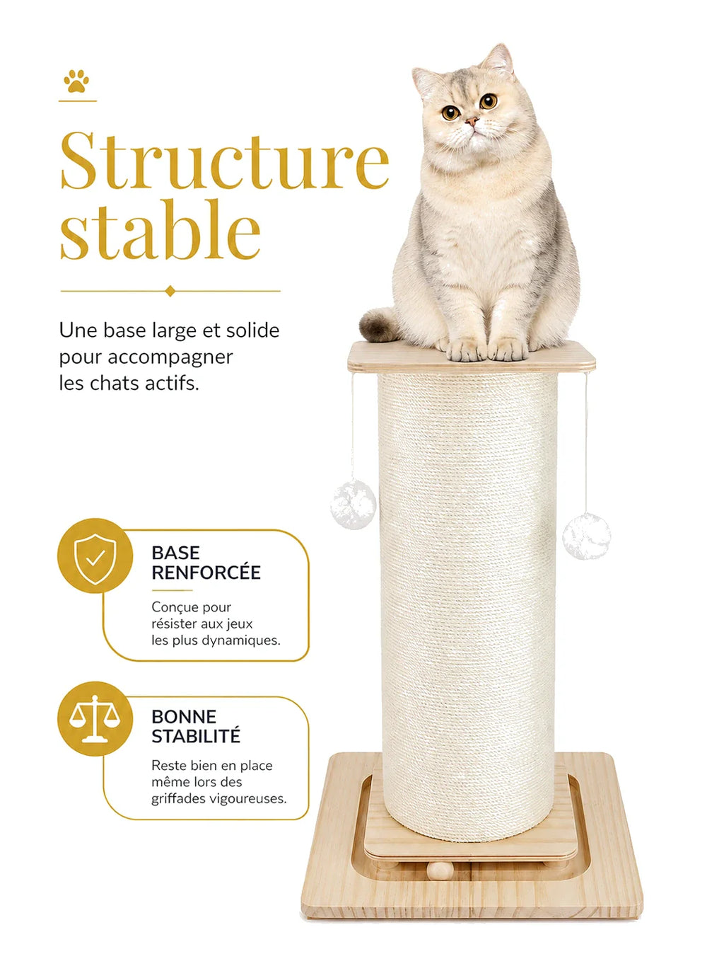 Griffoir pour chat CATIUM avec base large en bois et structure stable adaptee aux chats actifs