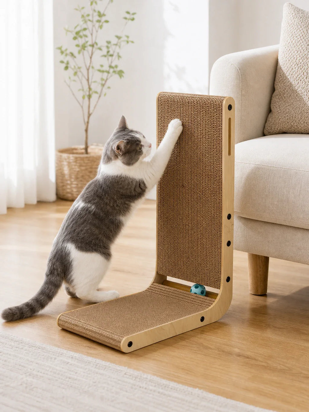 Chat utilisant le griffoir vertical Ligriff 43 cm près d'un canapé