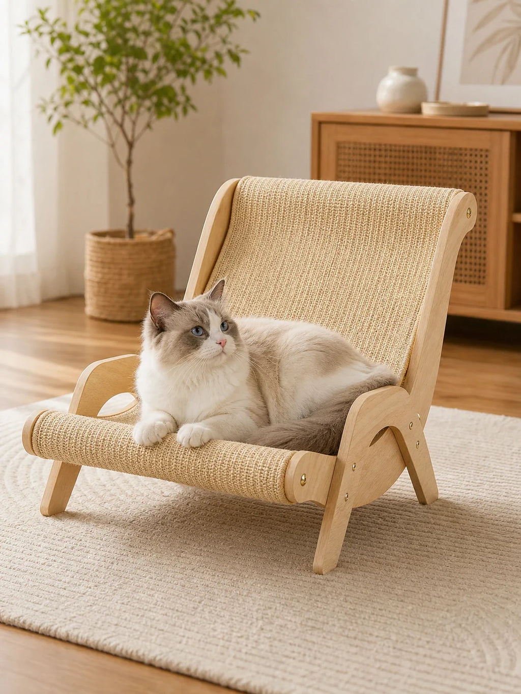 Chat couché sur le griffoir chaise longue Loungia en bois et sisal
