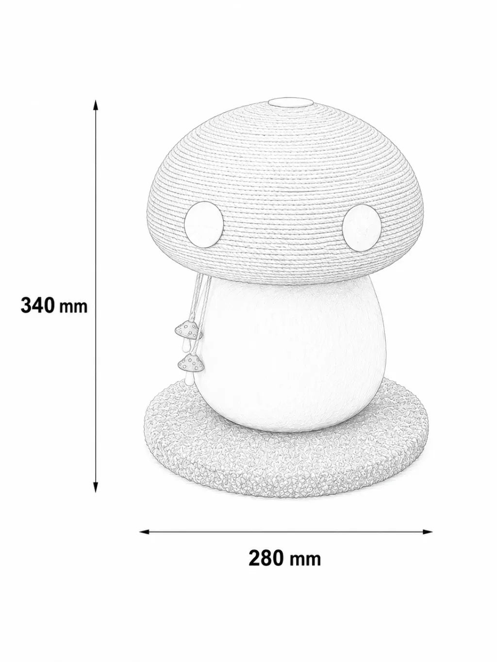 Schema des dimensions du griffoir champignon pour chat Mycoria avec hauteur 34 cm et base 28 cm
