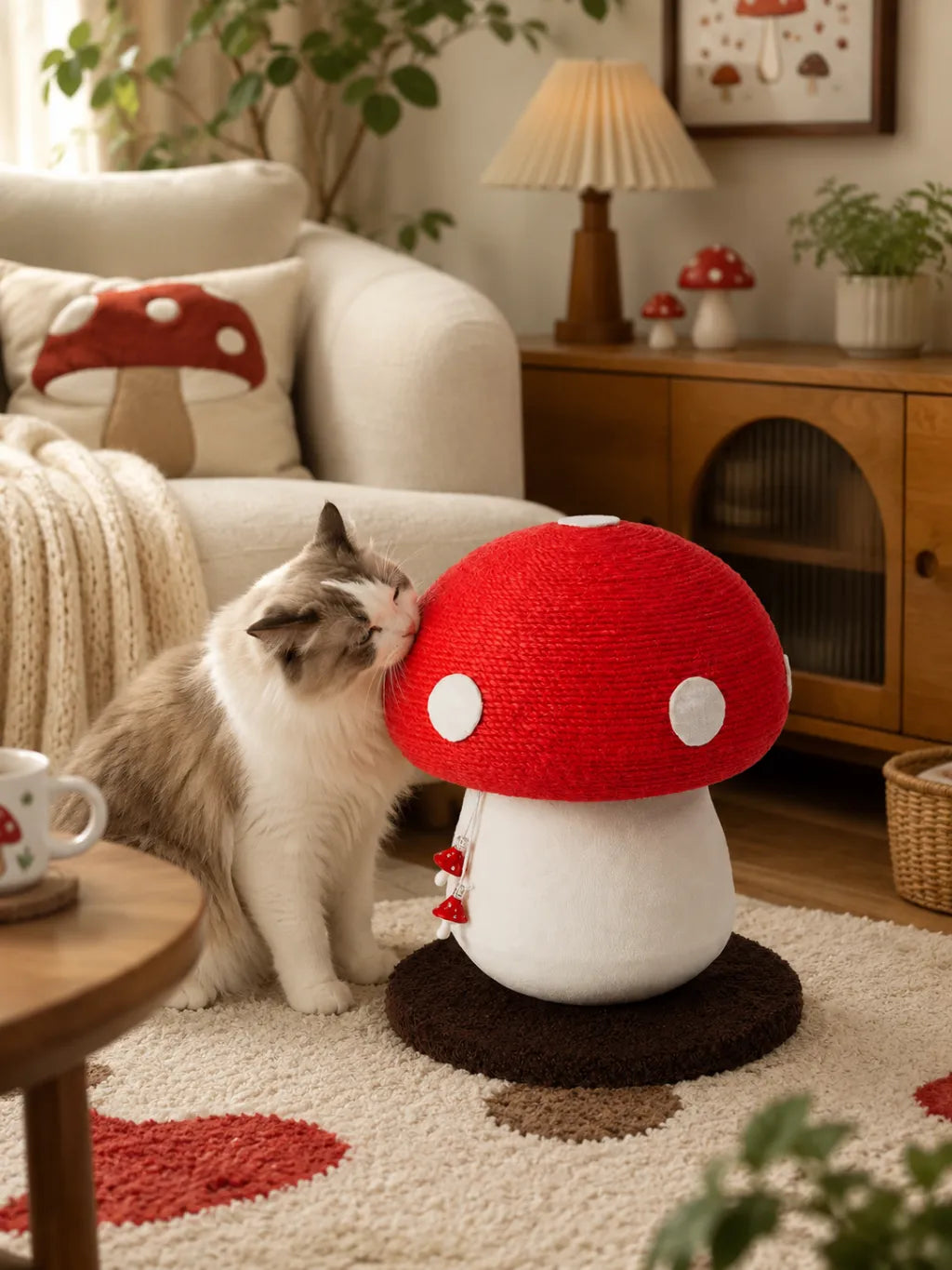 Griffoir champignon rouge Mycoria mis en scene dans un interieur lumineux avec un chat