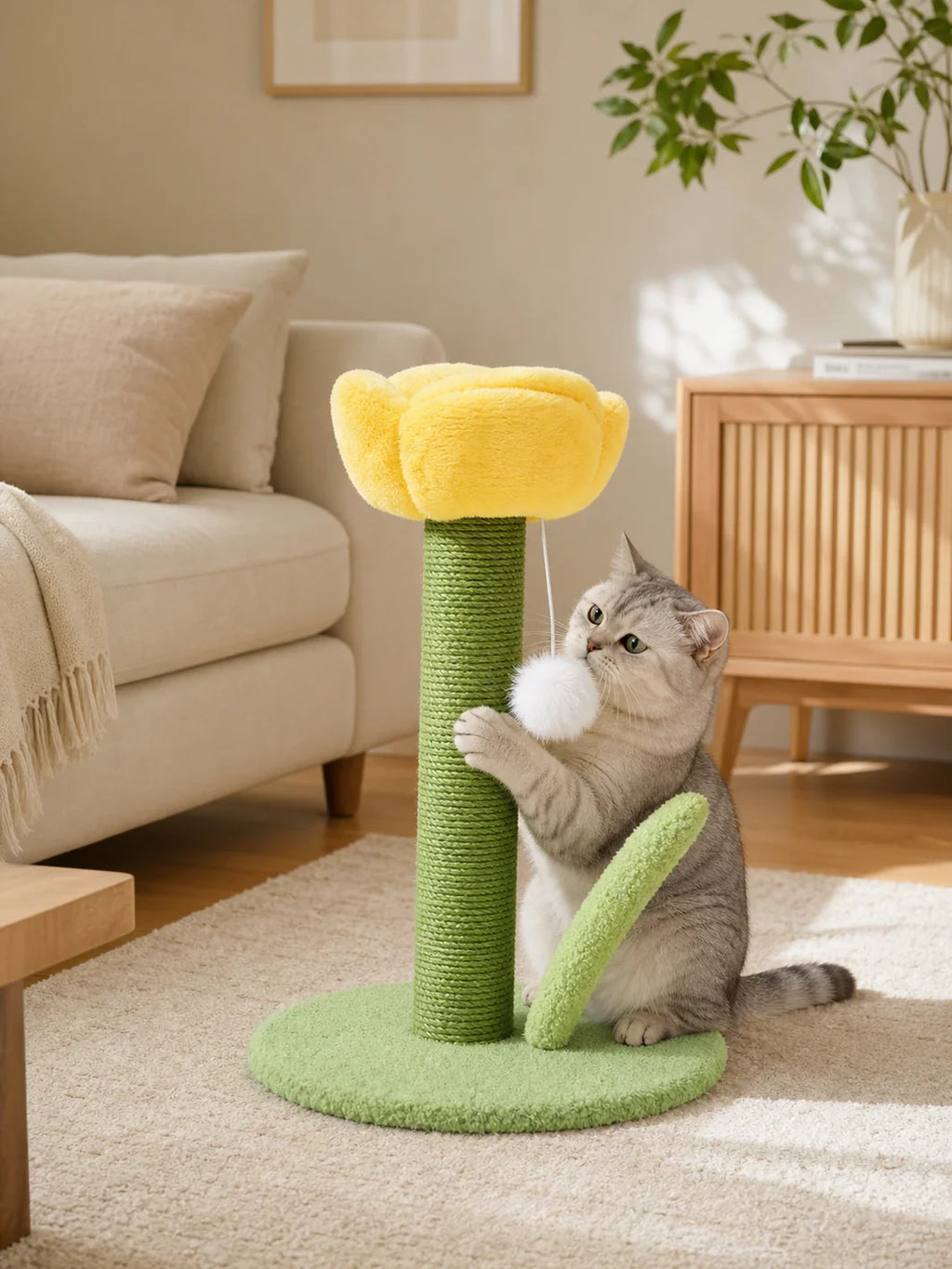 Griffoir chat tulipe jaune avec sisal Tulipa utilise par un chat dans un salon
