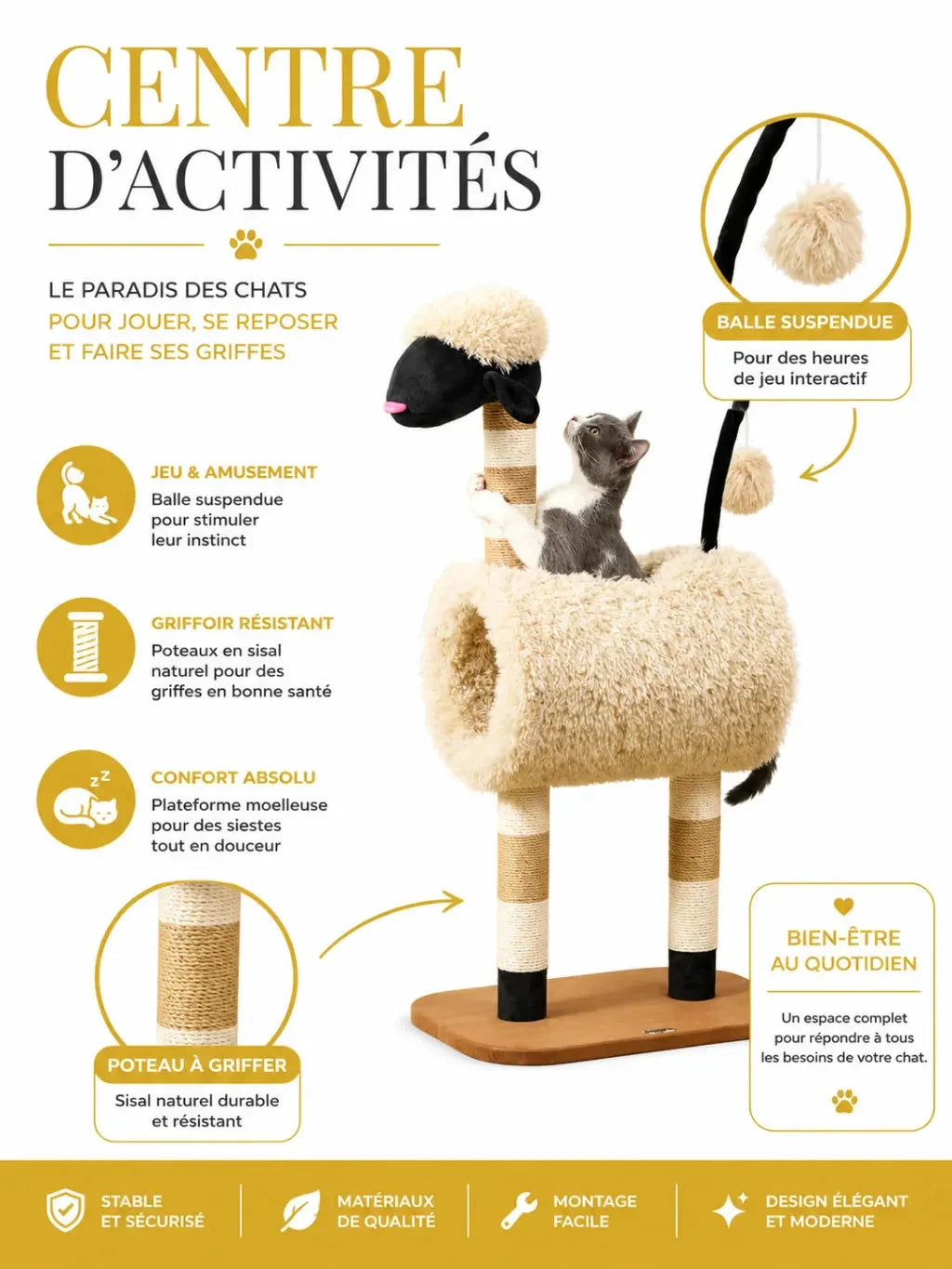 Centre d’activités Moutelia avec balle suspendue et poteaux en sisal