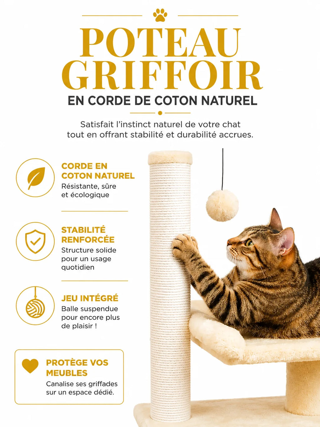 Corde de coton naturelle des poteaux de l'arbre à chat beige Doucelia