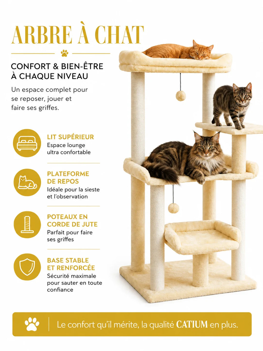 Lit haut, plateforme et nid bas de l'arbre à chat beige Doucelia