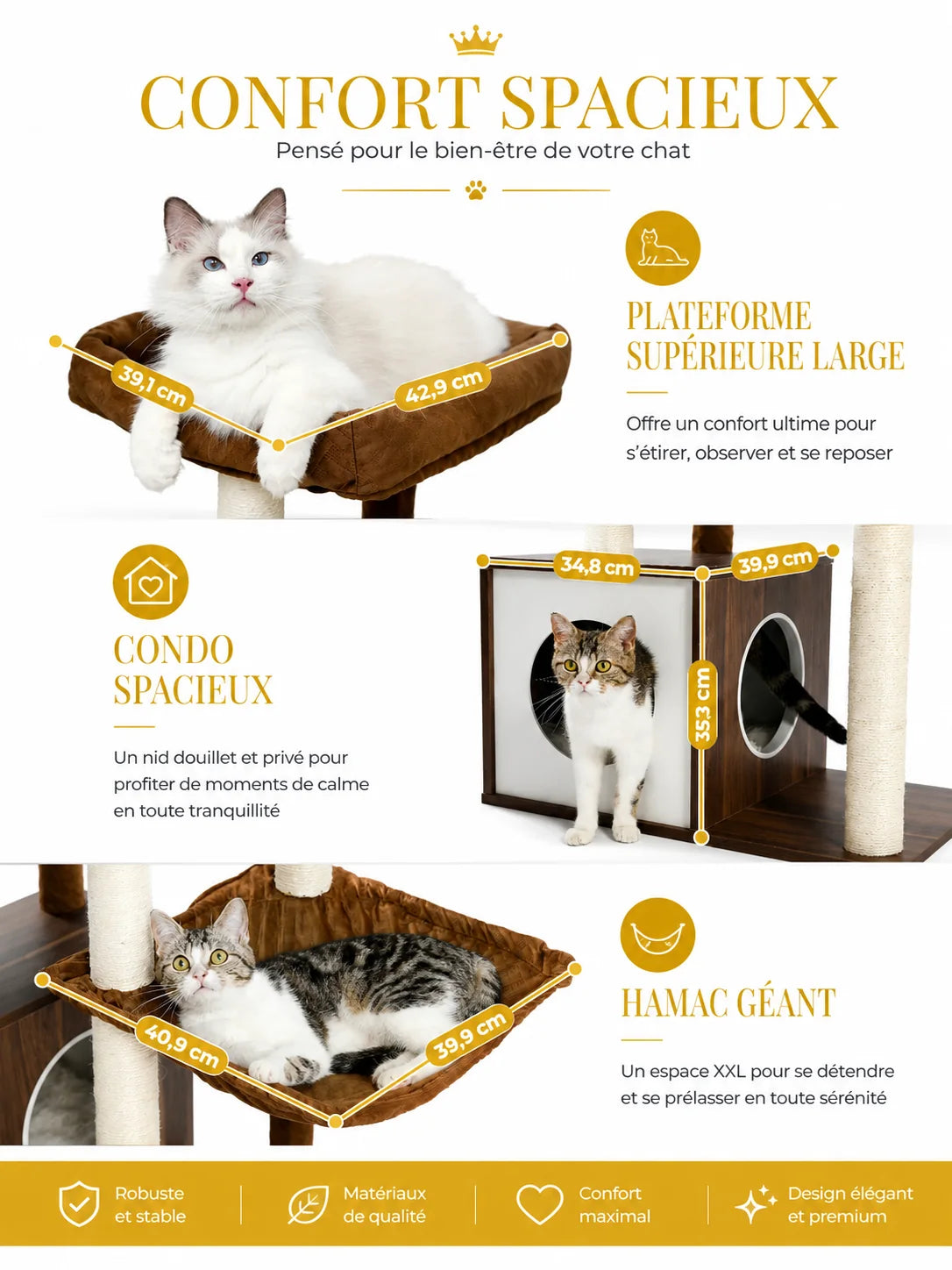 Mesures du perchoir, du condo et du grand hamac de l'arbre à chat Novera