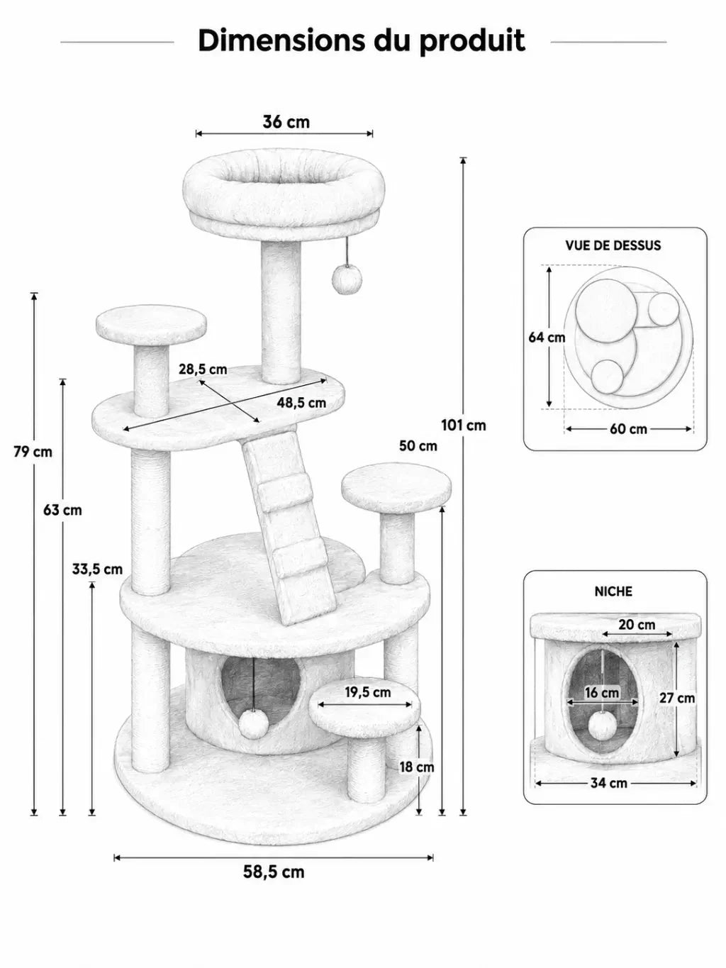 Dimensions de l’arbre à chat beige Velouna 101 cm multi-niveaux