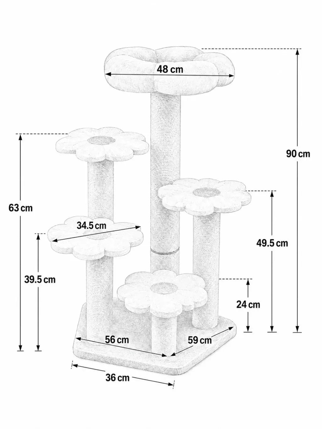 Dimensions de l’arbre à chat fleur Floravia 90 cm avec plateformes