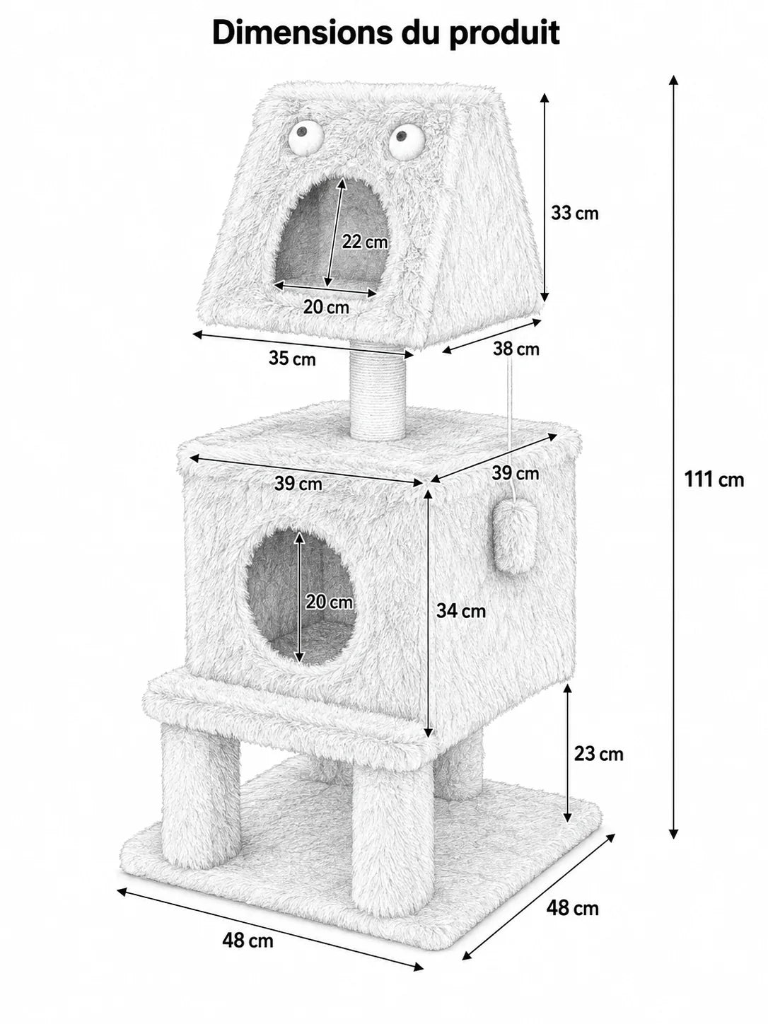 Dimensions de l'arbre à chat monstre Monstrélia, 48 x 48 x 111 cm