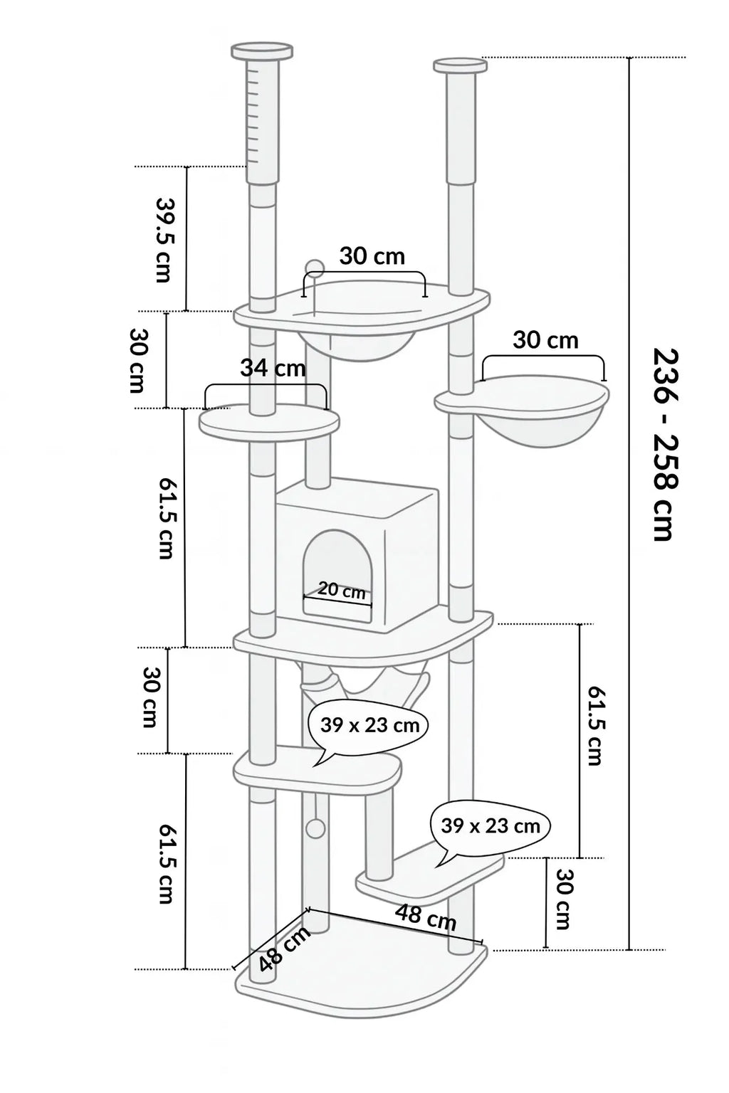 Dimensions de l’arbre à chat sol-plafond Sérénya : hauteur 236 à 258 cm et base compacte de 48 × 48 cm