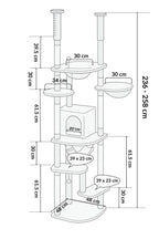 Dimensions de l’arbre à chat sol-plafond Sérénya : hauteur 236 à 258 cm et base compacte de 48 × 48 cm