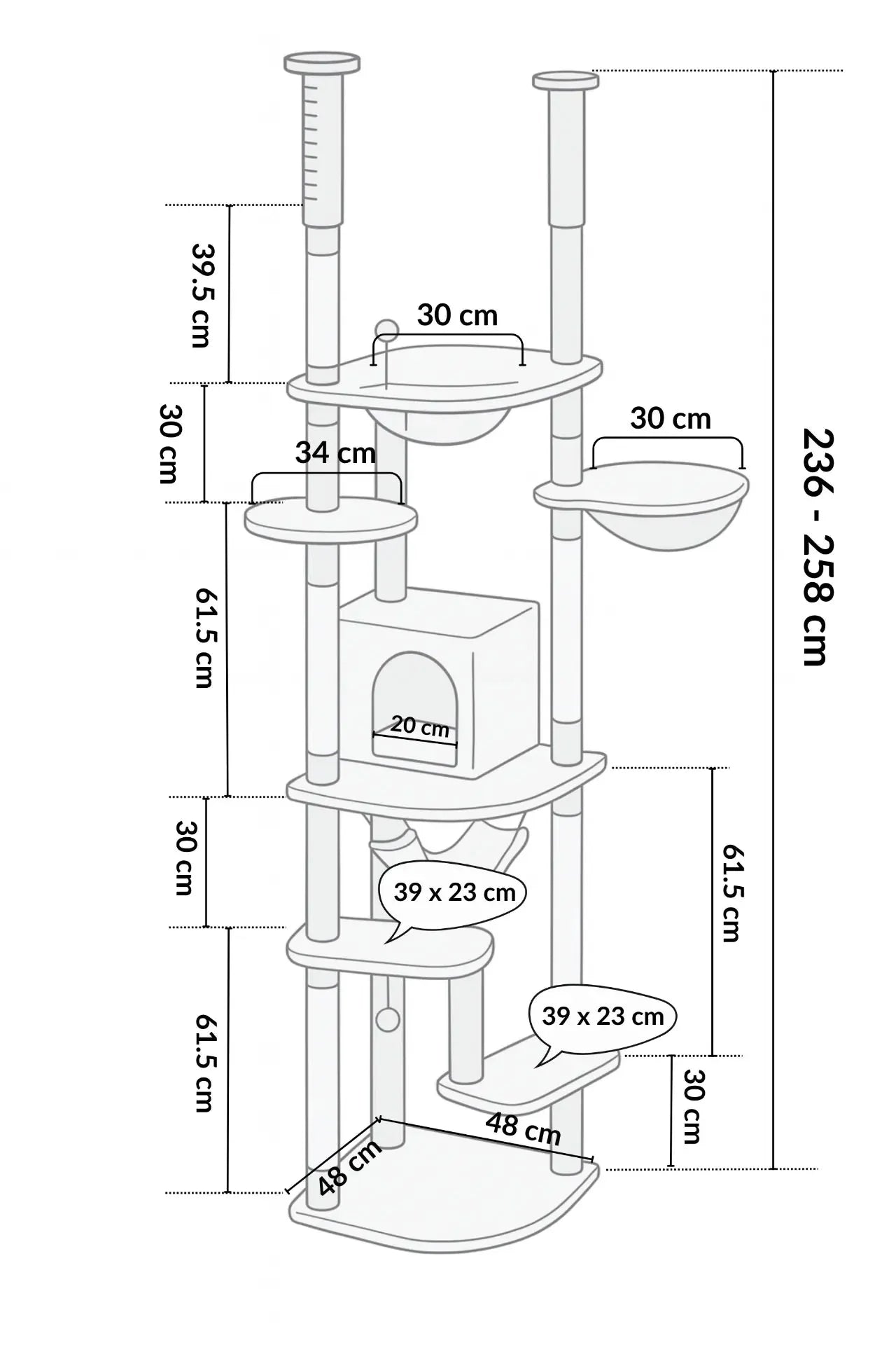Dimensions de l’arbre à chat sol-plafond Sérénya : hauteur 236 à 258 cm et base compacte de 48 × 48 cm