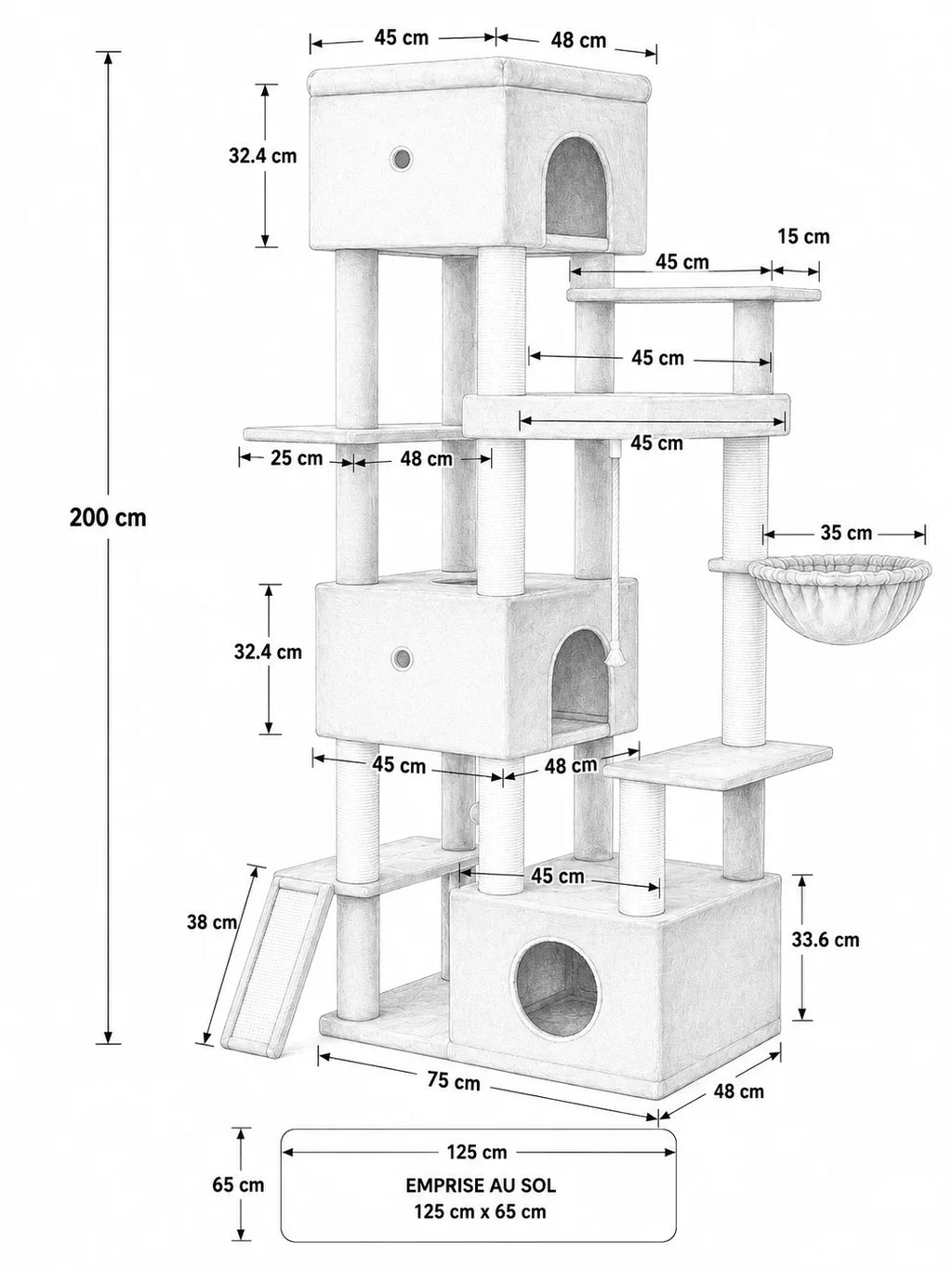Dimensions de l'arbre à chat XXL Majestoria, 200 cm de haut et base de 75 x 48 cm