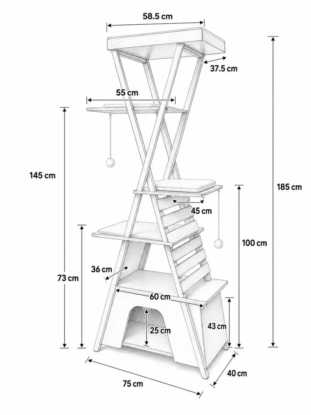 Dimensions de l’arbre à chat XXL Ferrovia 185 cm