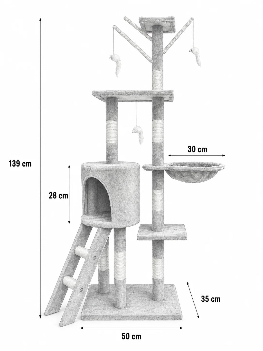 Dimensions du grand arbre à chat gris Cimestria, 50 x 35 x 139 cm