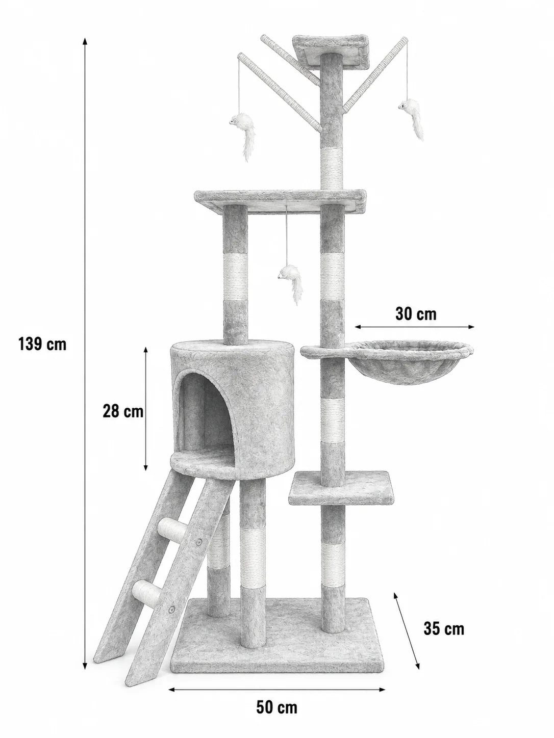 Dimensions du grand arbre à chat gris Cimestria, 50 x 35 x 139 cm
