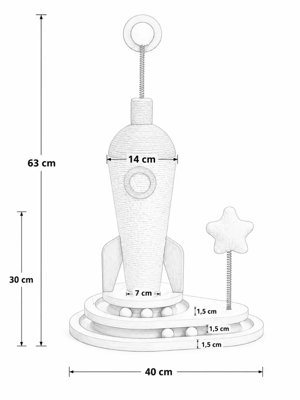Dimensions du griffoir chat fusée Astrélia, 63 cm de haut et base de 40 cm