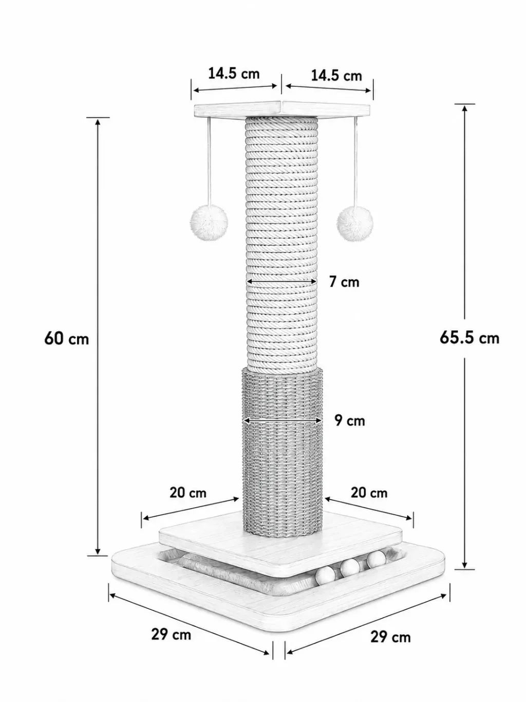 Dimensions du griffoir pour chat Griffélis, 29 x 29 x 65,5 cm