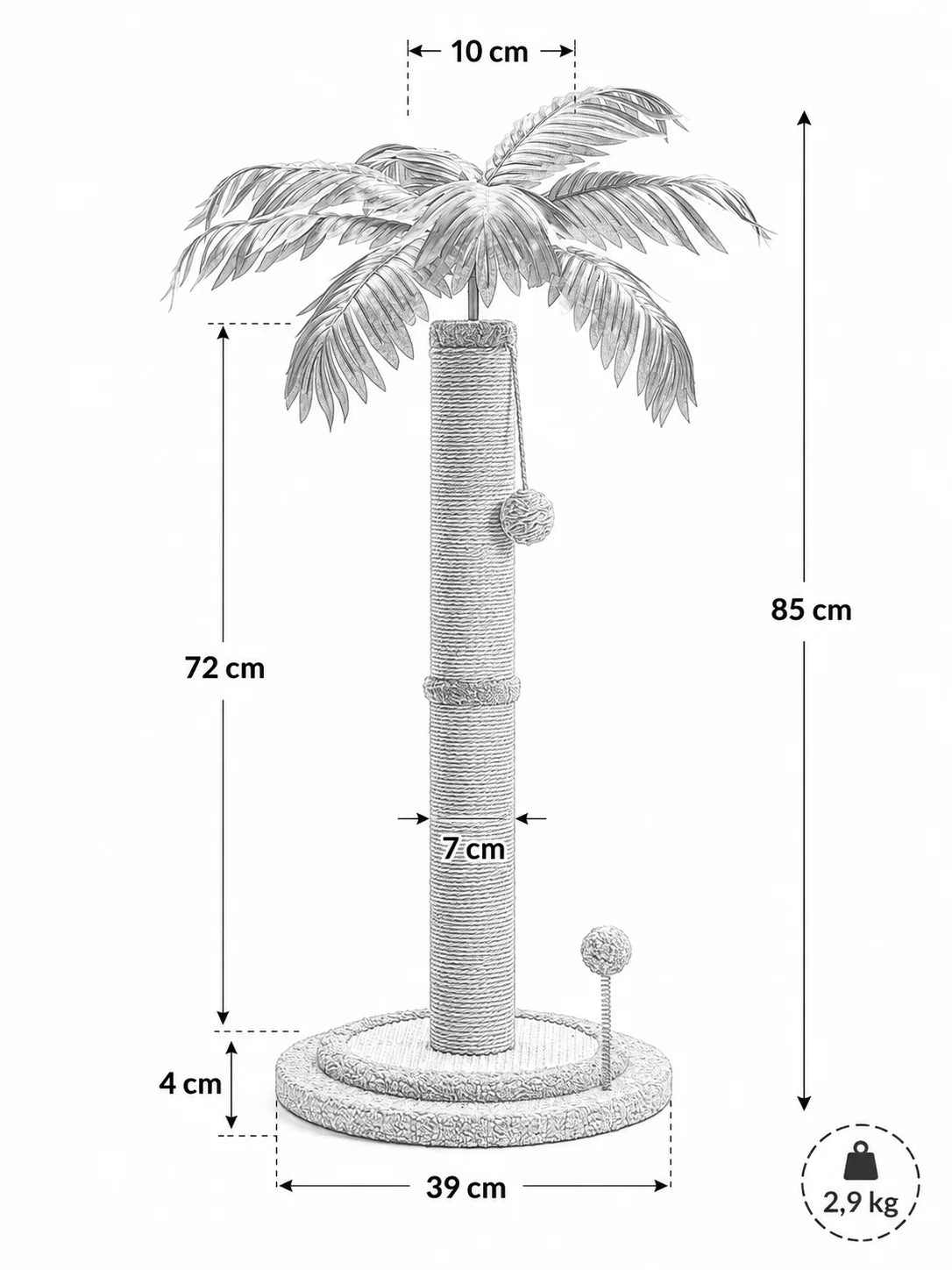 Dimensions du griffoir chat palmier Palmésia, 85 cm de haut et base de 39 cm
