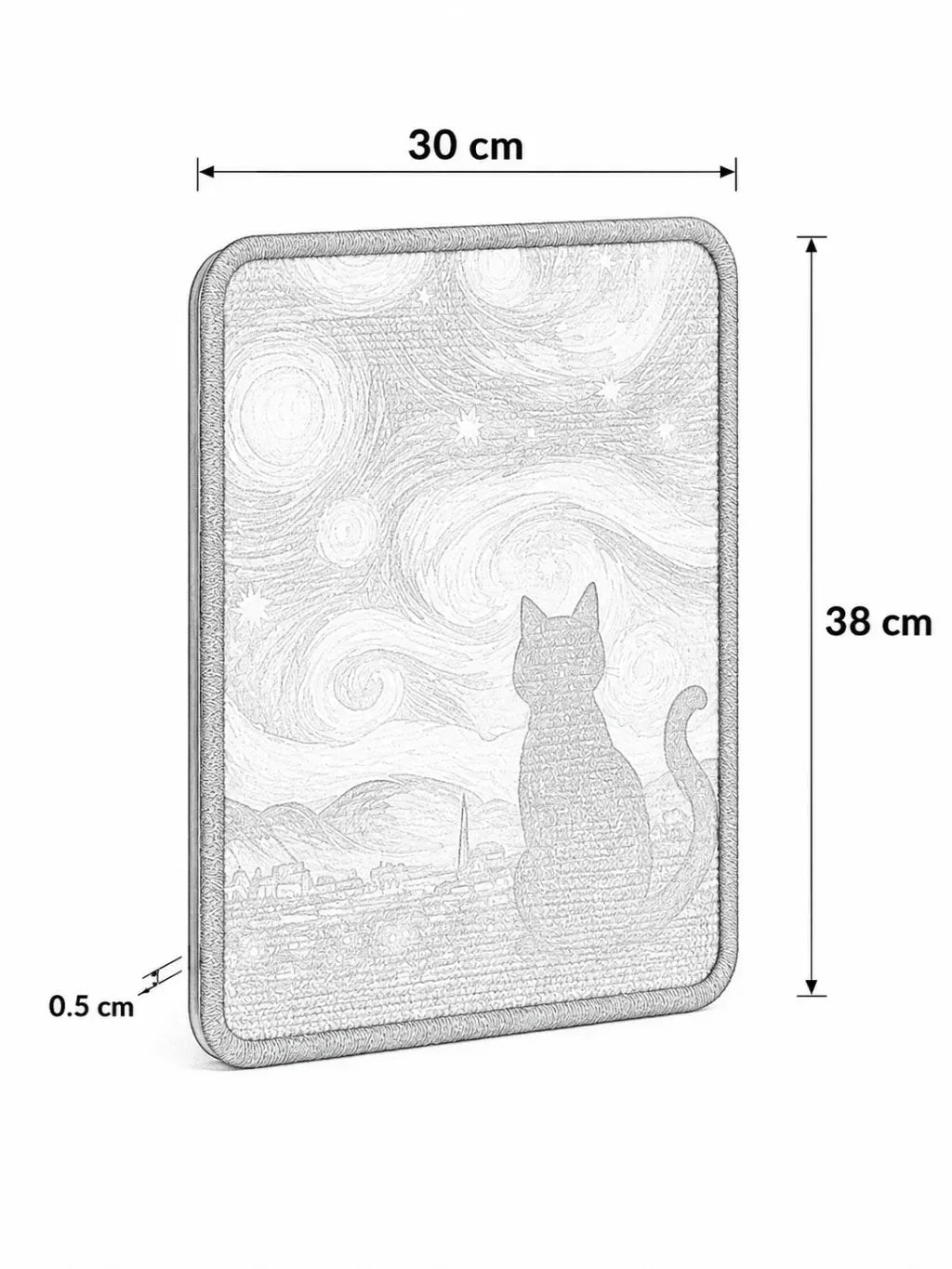 Dimensions du griffoir mural pour chat Prisméa, 38 x 30 x 0,5 cm