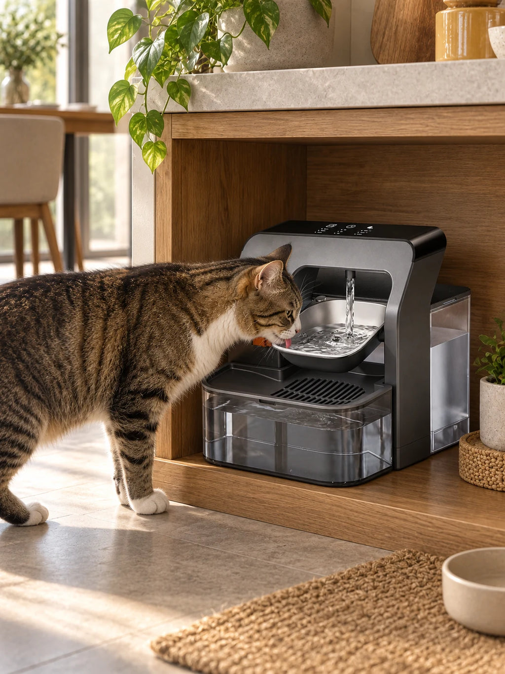 Chat buvant dans le distributeur d’eau Temporéa installé près d’un meuble de cuisine.