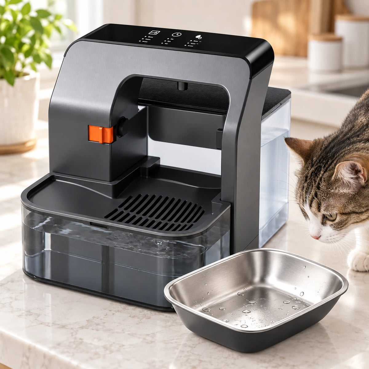 Gros plan du bol en inox amovible retiré du distributeur d’eau pour chat Temporéa.