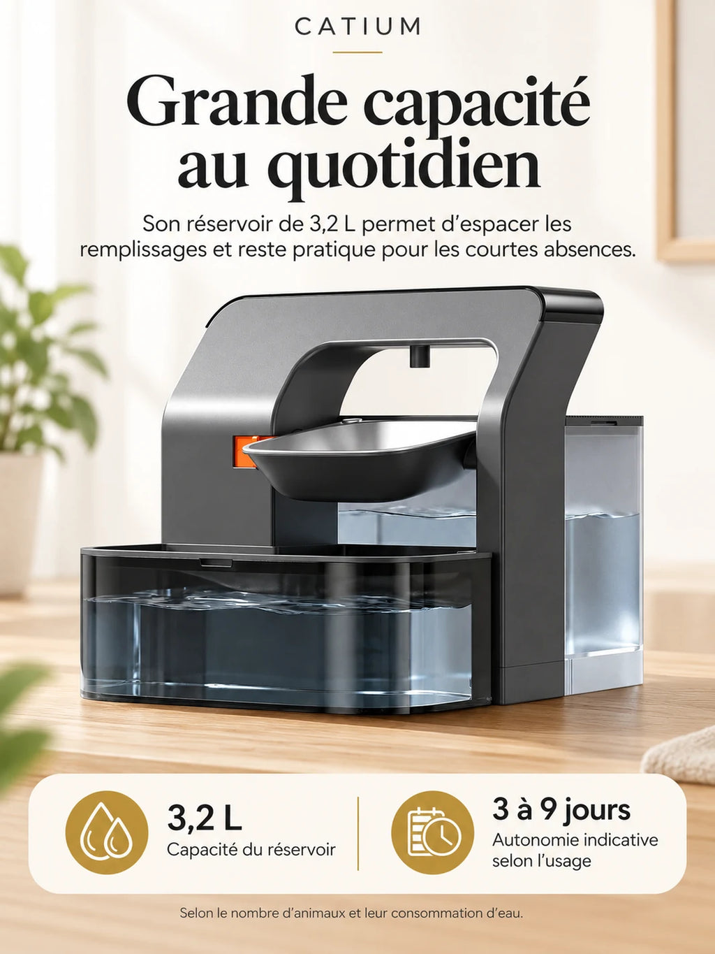 Réservoir de 3,2 L du distributeur d’eau programmable Temporéa pour le quotidien du chat.