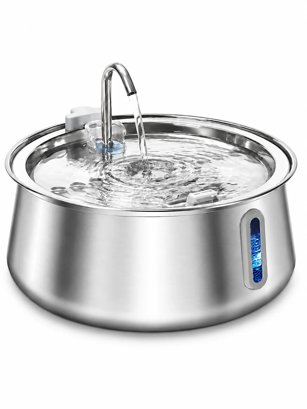 Fontaine à eau automatique pour chat Ondévia en inox 4 L avec bec courbé et niveau visible, sur fond blanc.